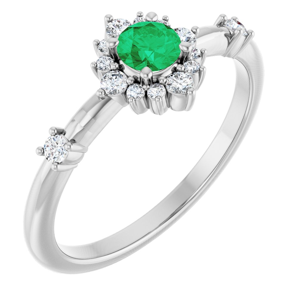 14K White Natural Emerald & 1/6 CTW Natural Diamond Halo-Style Ring