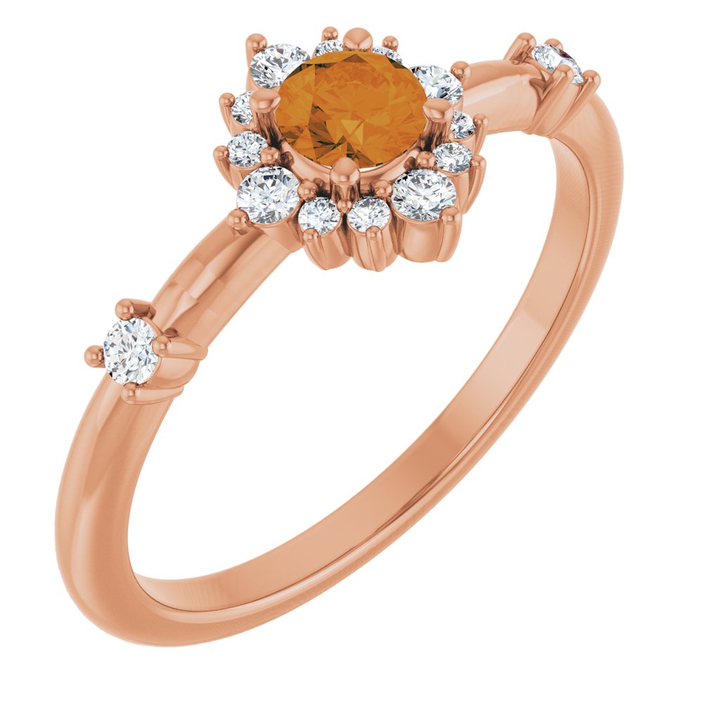 14K Rose Natural Citrine & 1/6 CTW Natural Diamond Halo-Style Ring