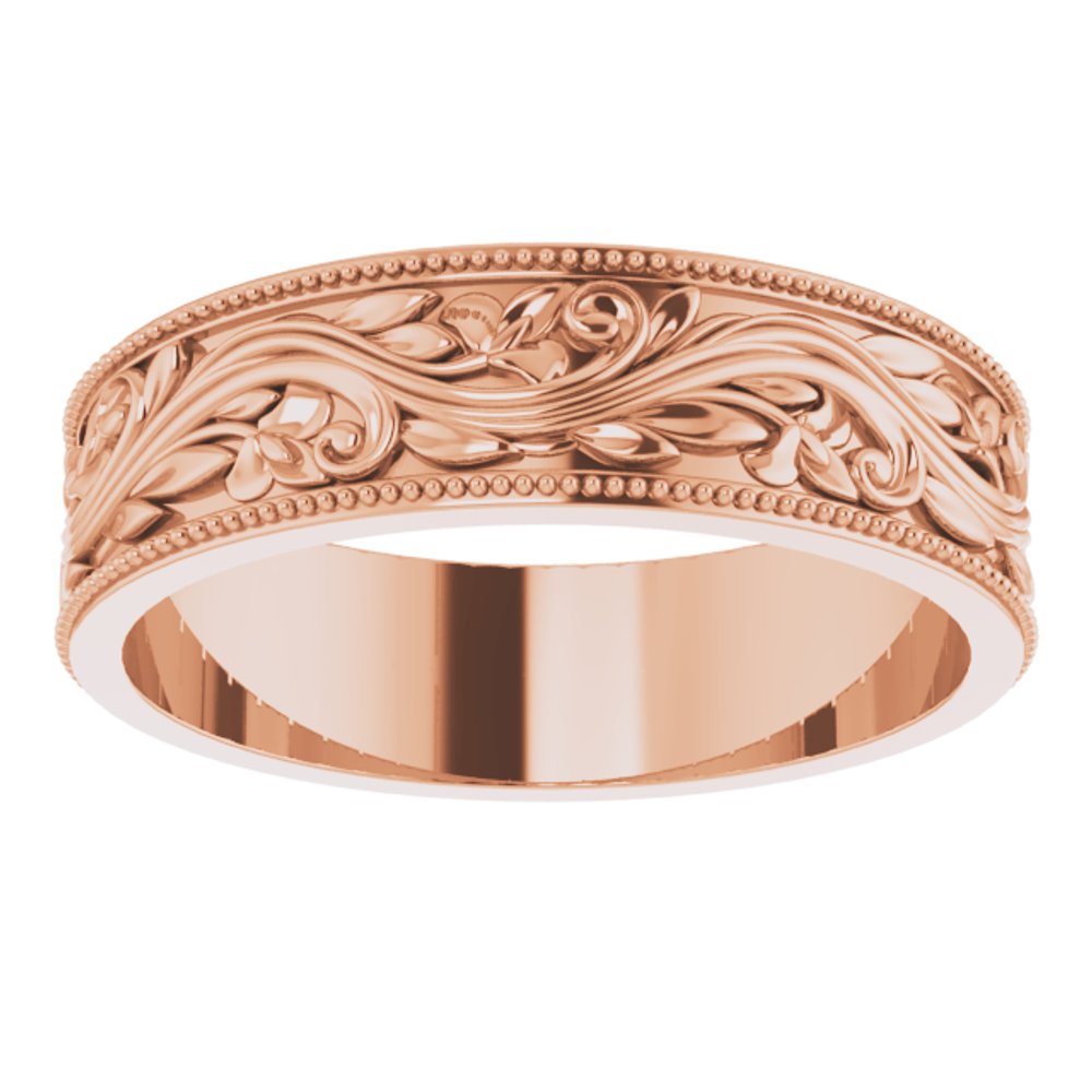 14K Rose 6 mm Milgrain Edge Floral Flat Band Size 11.5