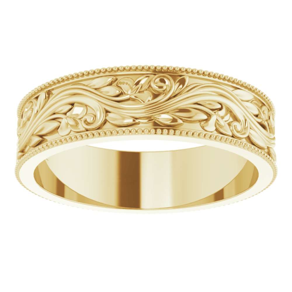 14K Yellow Gold 6 mm Milgrain Edge Floral Flat Band Size 10