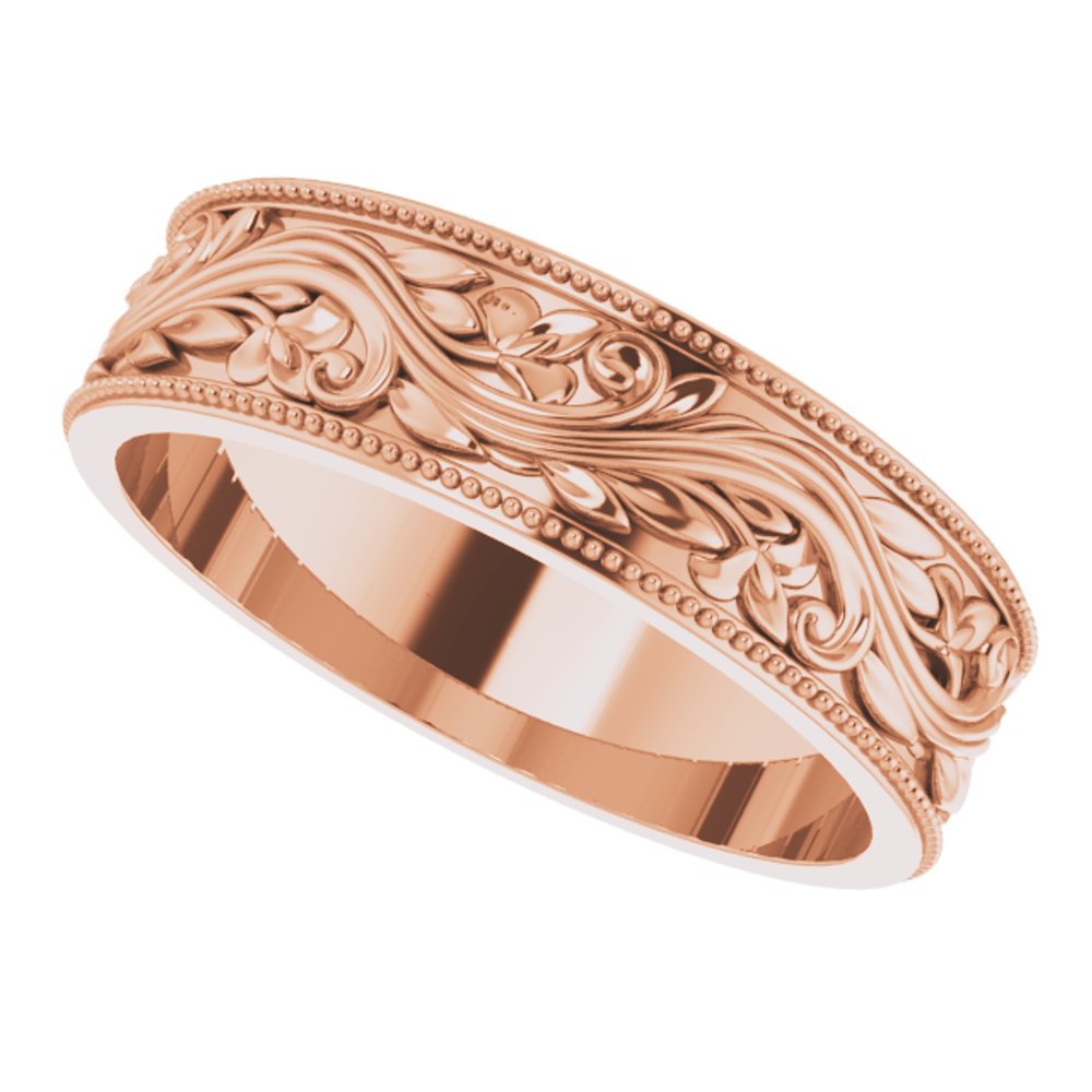 14K Rose 6 mm Milgrain Edge Floral Flat Band Size 11.5