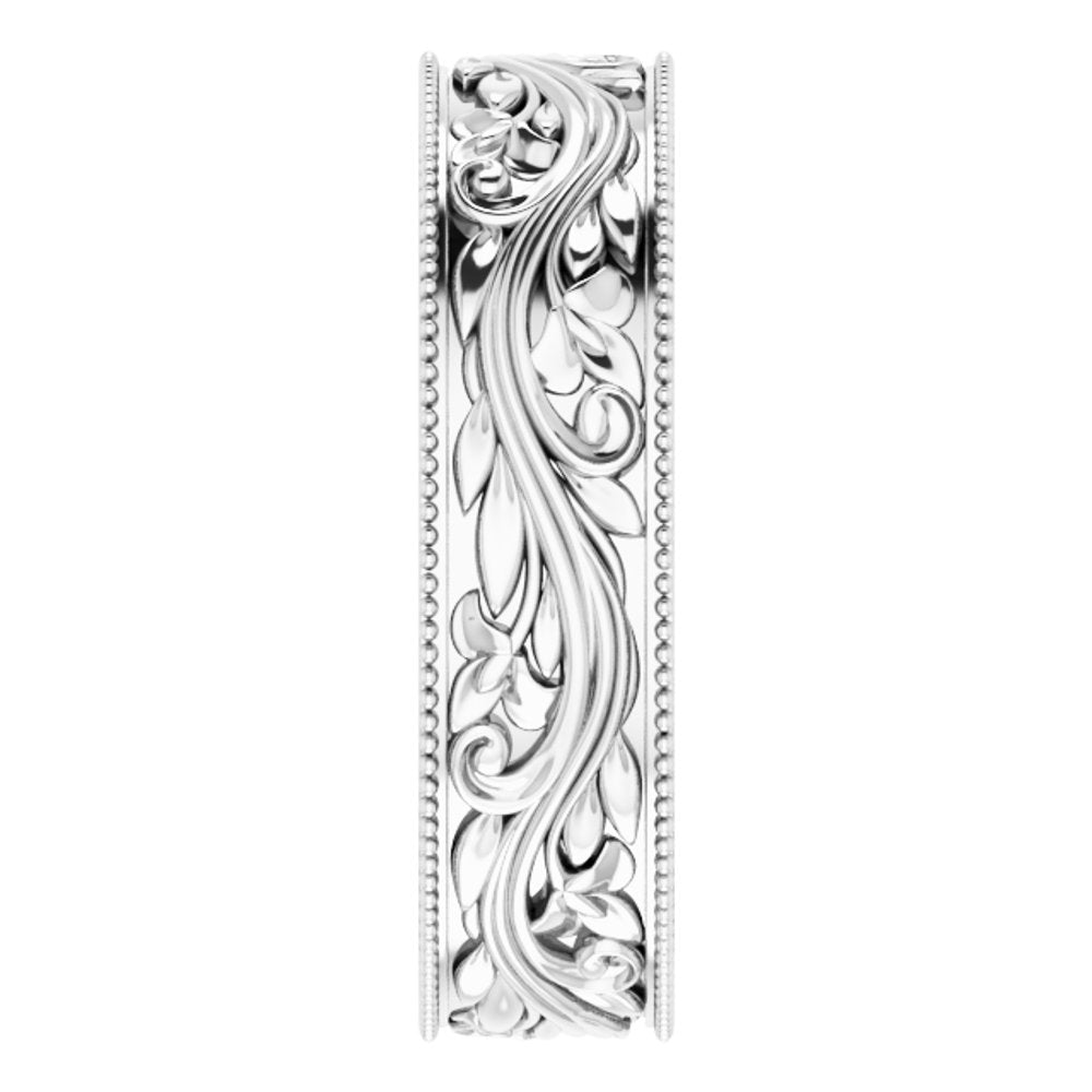 10K White Gold 6 mm Milgrain Edge Floral Flat Band Size 10