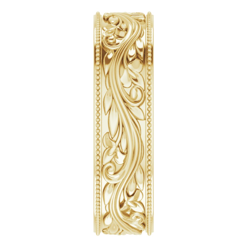 14K Yellow Gold 6 mm Milgrain Edge Floral Flat Band Size 11