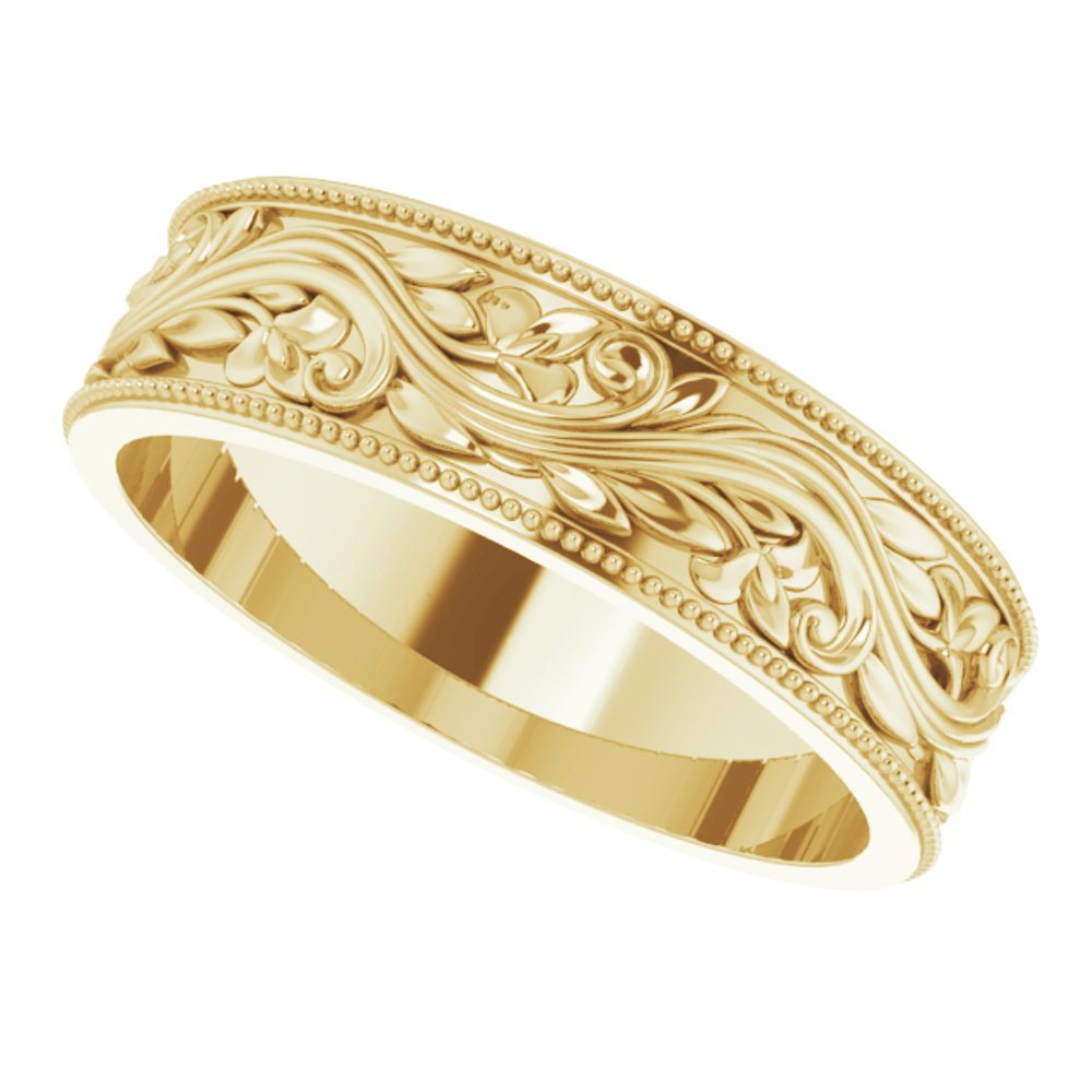 14K Yellow Gold 6 mm Milgrain Edge Floral Flat Band Size 11