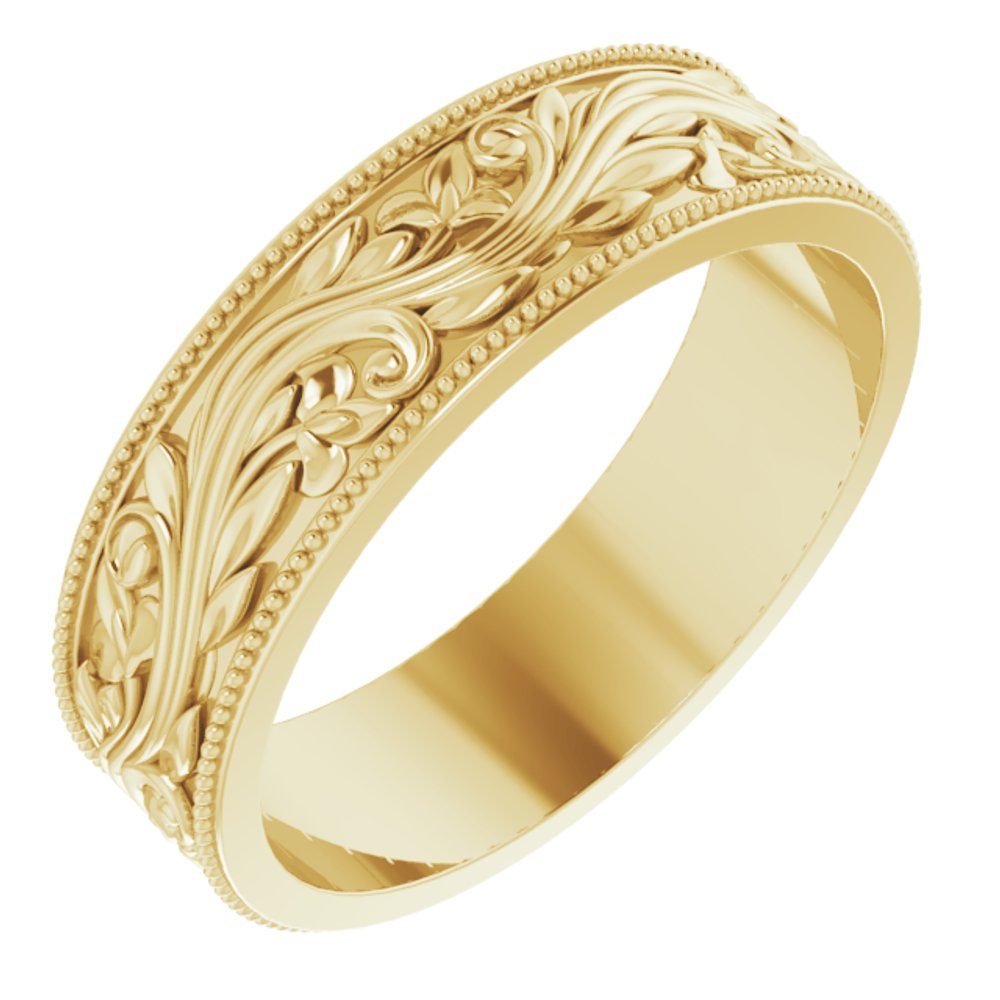 14K Yellow Gold 6 mm Milgrain Edge Floral Flat Band Size 11