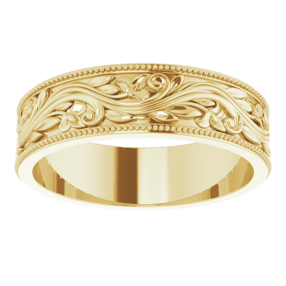14K Yellow Gold 6 mm Milgrain Edge Floral Flat Band Size 11