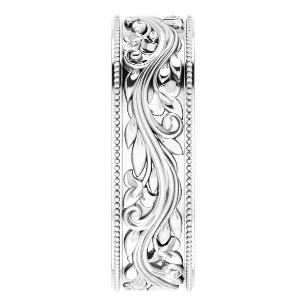 14K White Gold 6 mm Milgrain Edge Floral Flat Band Size 7.5