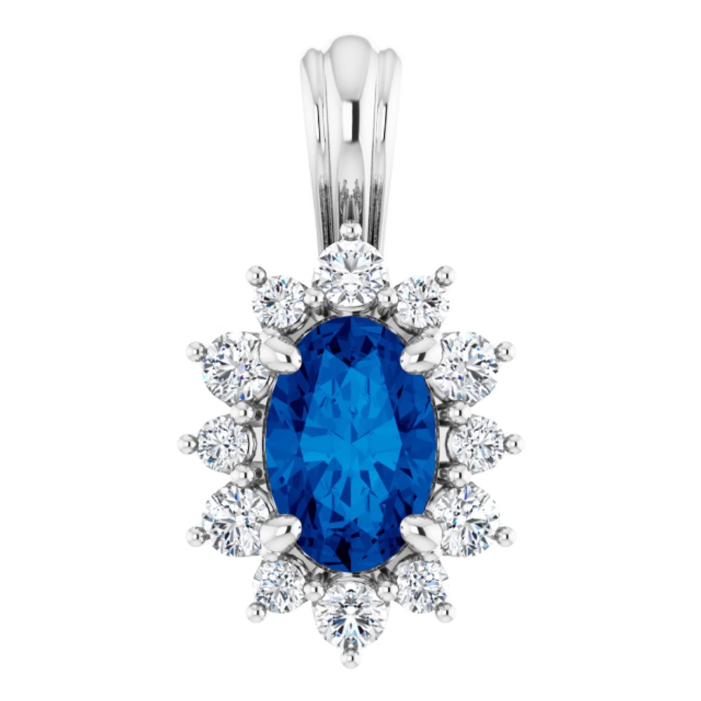 14K White Natural Blue Sapphire & 1/6 CTW Natural Diamond Pendant