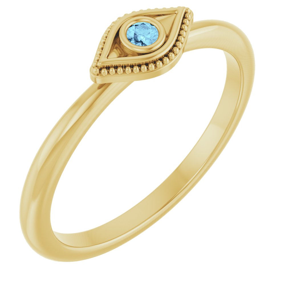 14K Yellow Gold Natural Aquamarine Stackable Evil Eye Ring