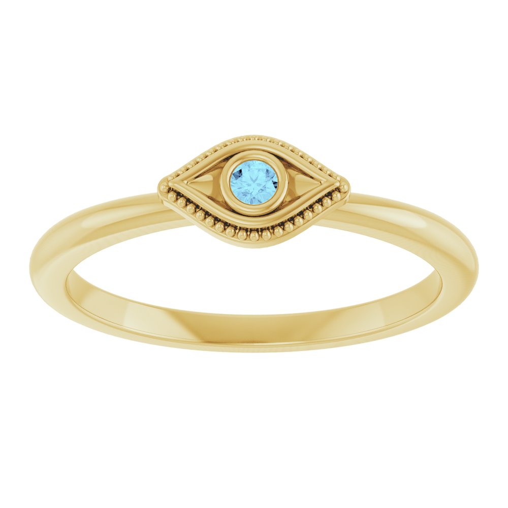 14K Yellow Gold Natural Aquamarine Stackable Evil Eye Ring
