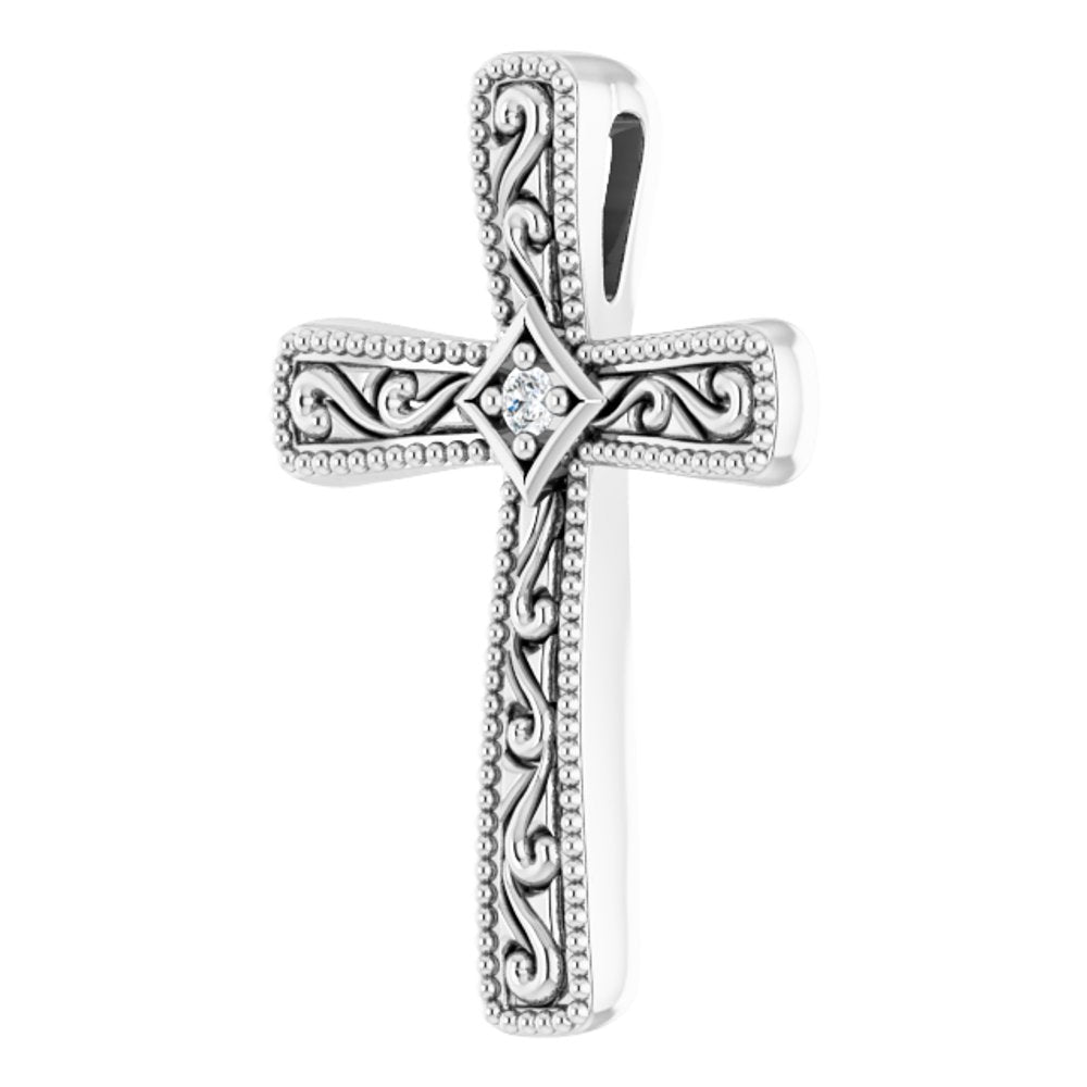 14K White Gold .01 CT Natural Diamond Cross Pendant