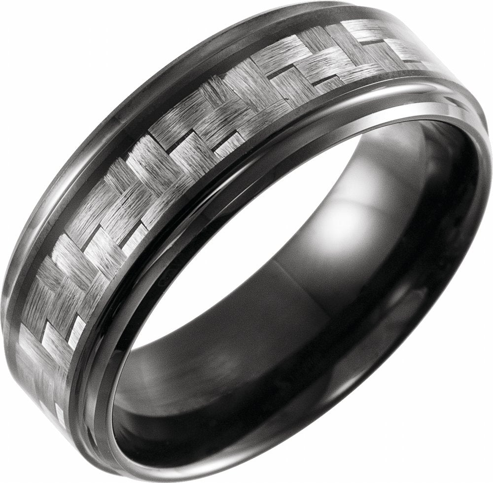 Black PVD Tungsten 8 mm Stepped-Edge Carbon Fiber Inlay Comfort-Fit Band Size 8.5
