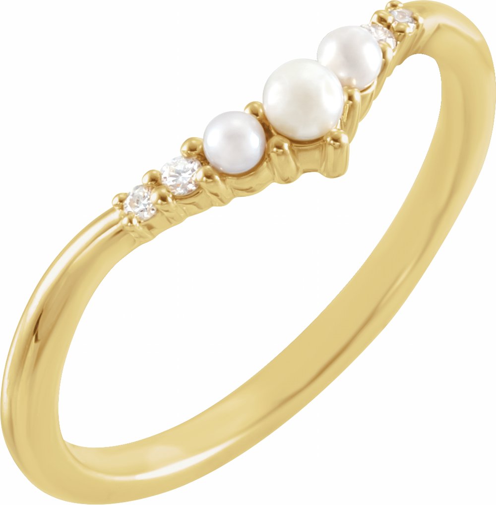 14K Yellow Gold Cultured White Seed Pearl & .03 CTW Natural Diamond Contour Band
