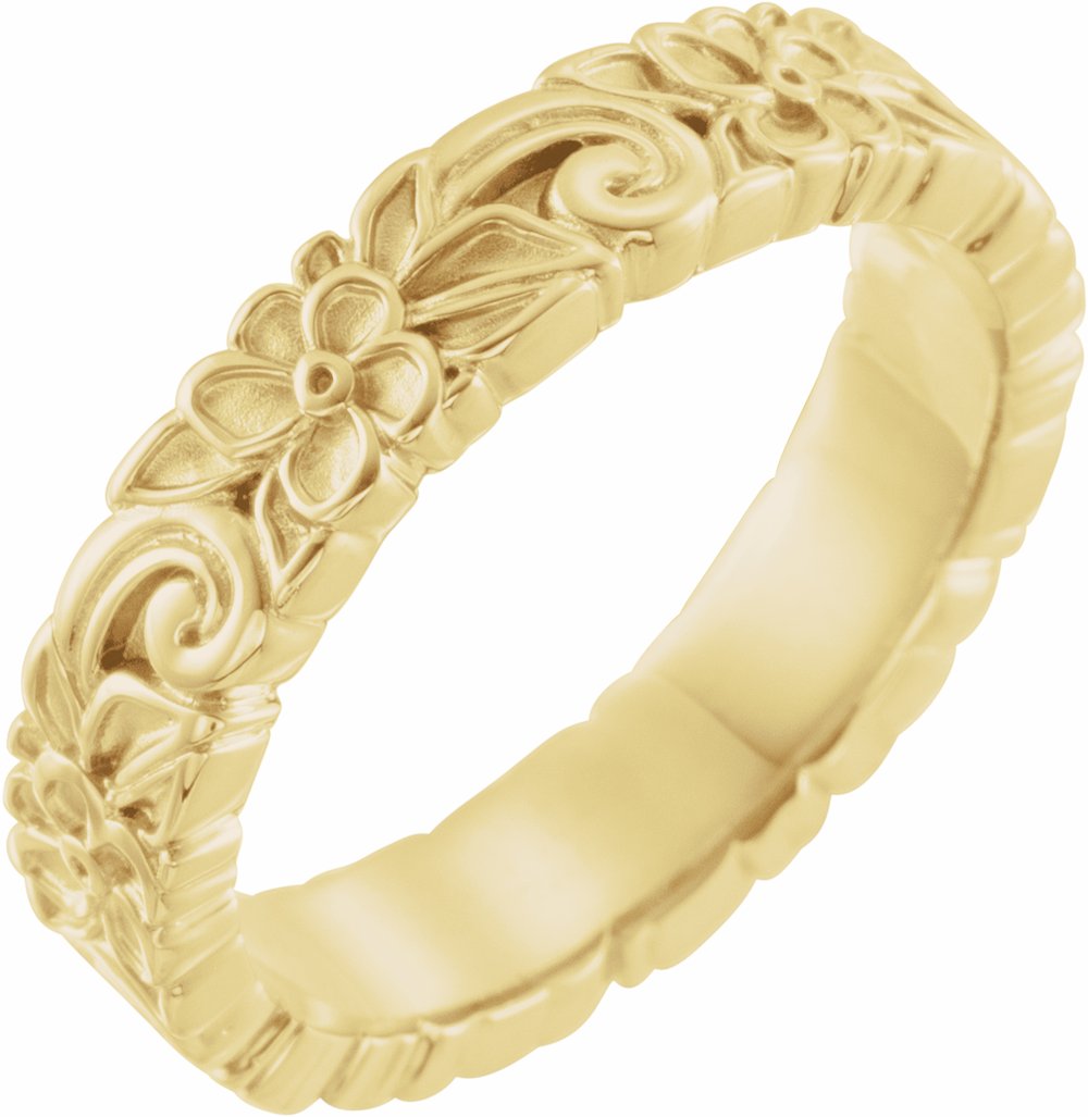 14K Yellow Gold 4 mm Floral Flat Band Size 4.5