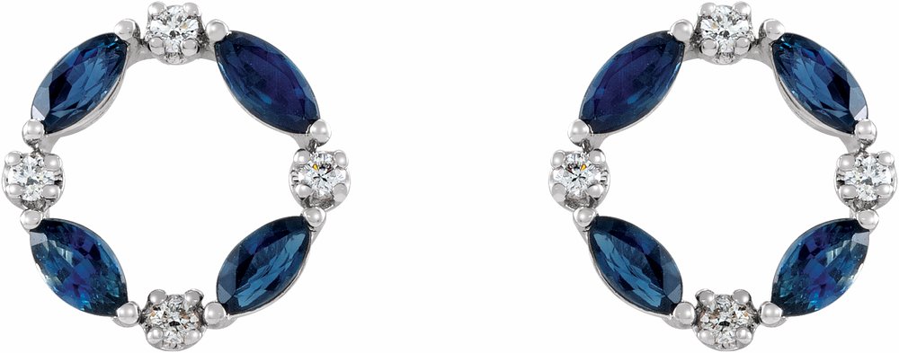 14K White Natural Blue Sapphire & 1/10 CTW Natural Diamond Circle Earrings