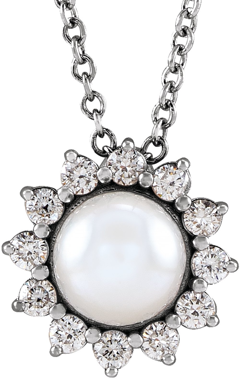 14K White Cultured White Akoya Pearl & 1/6 CTW Natural Diamond Halo-Style 16-18" Necklace