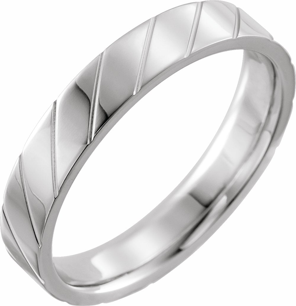 14K White Gold 4 mm Diagonal Grooved Comfort-Fit Flat Band Size 8.5