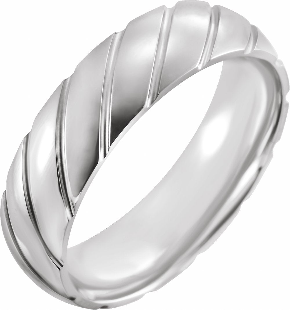 14K White Gold 6 mm Diagonal Grooved Comfort-Fit Half Round Band Size 10