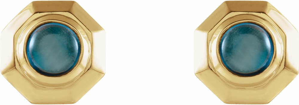 14K Yellow Natural London Blue Topaz Geometric Cabochon Earrings