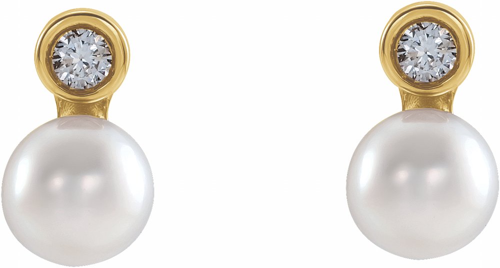 14K Yellow Gold Cultured White Akoya Pearl & .03 CTW Natural Diamond Earrings