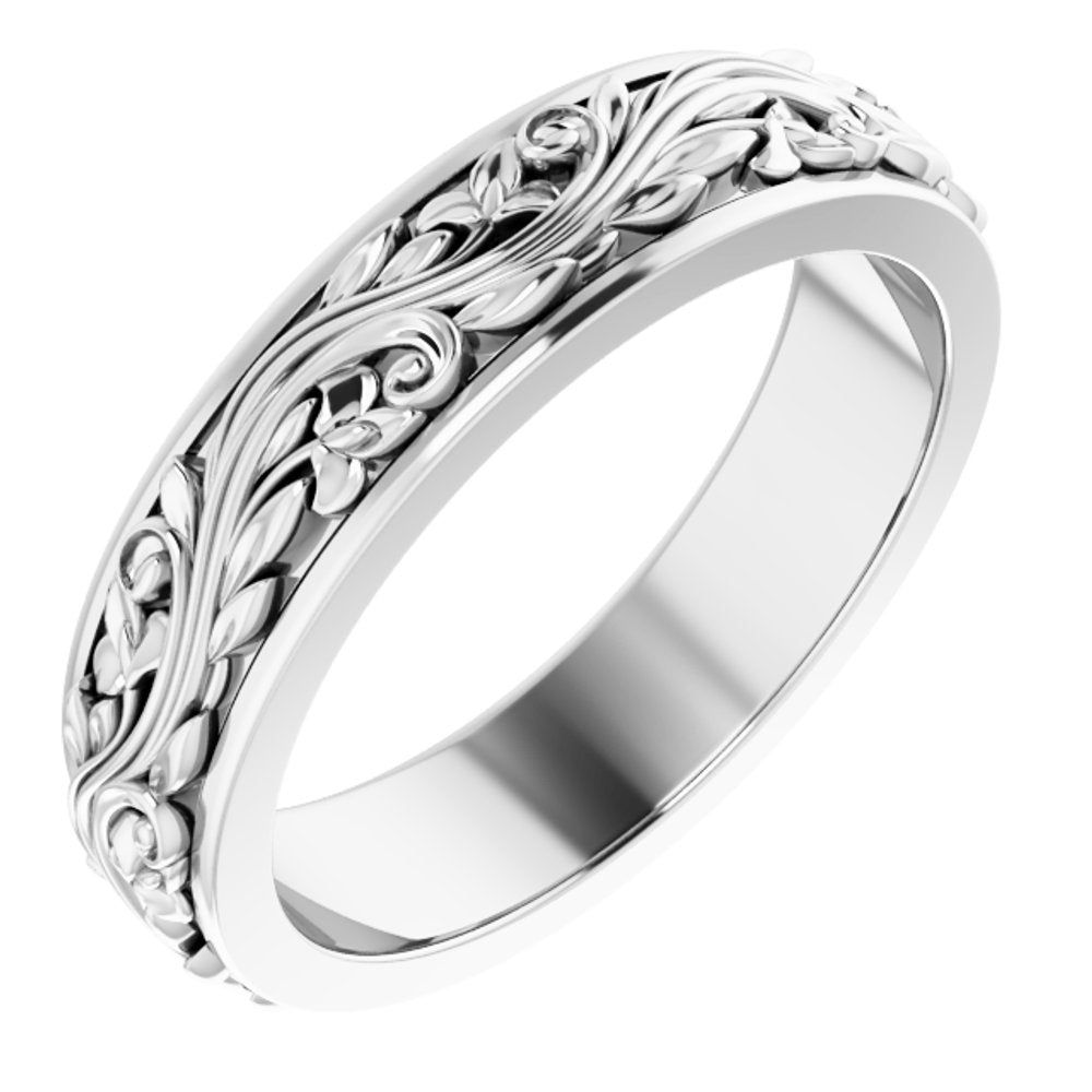 14K White Gold 5 mm Floral Inlay Flat Band Size 8