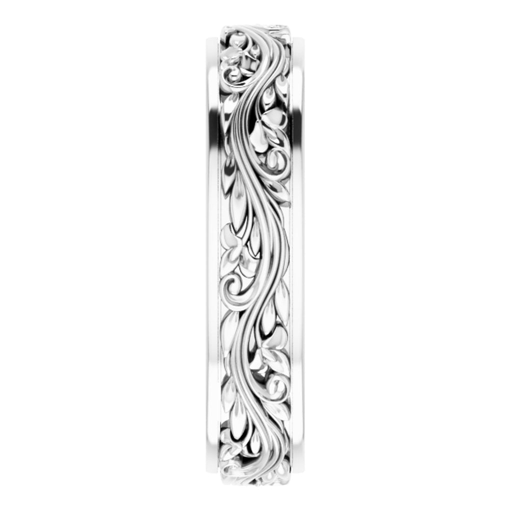 14K White 5 mm Floral Inlay Flat Band Size 8