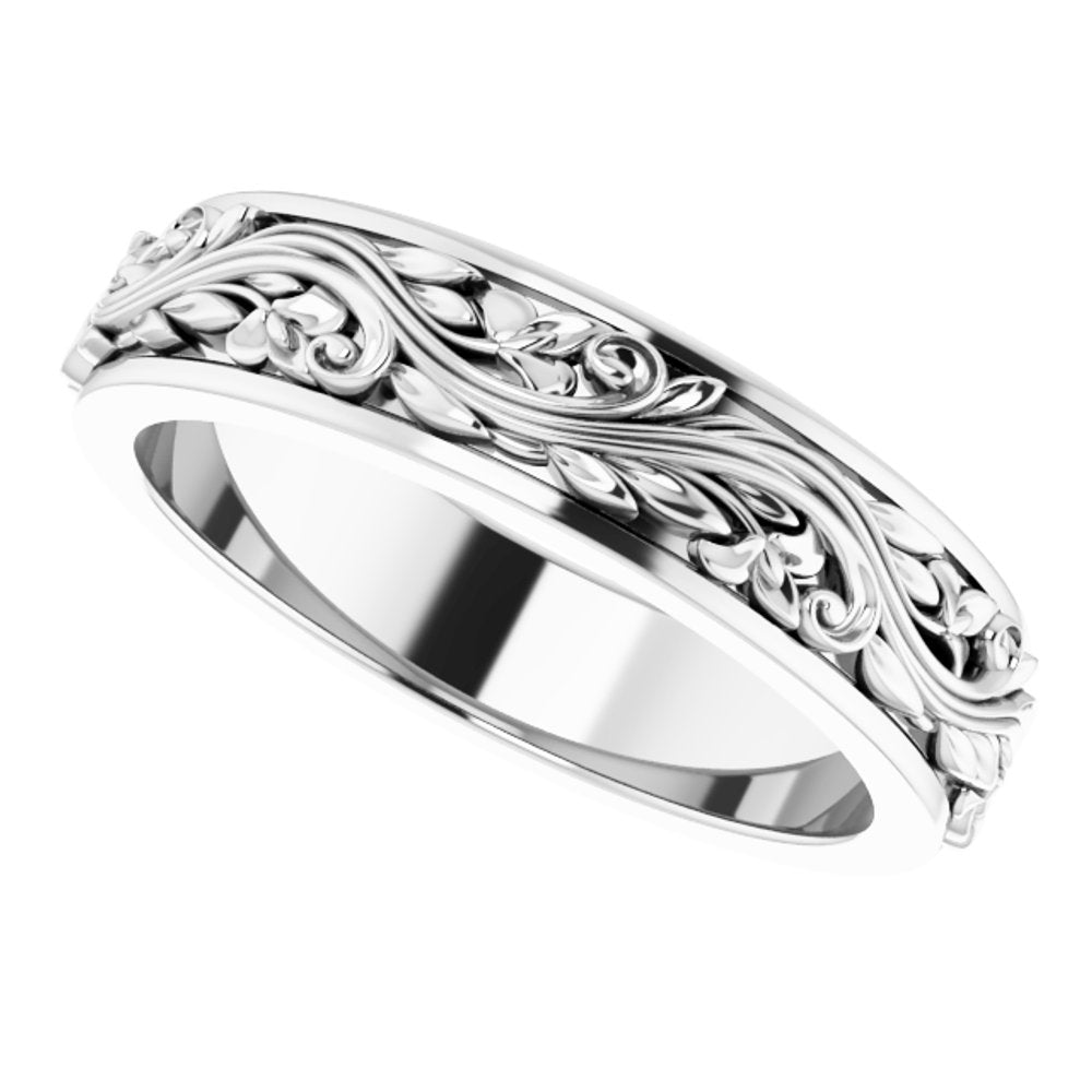 14K White Gold 5 mm Floral Inlay Flat Band Size 8