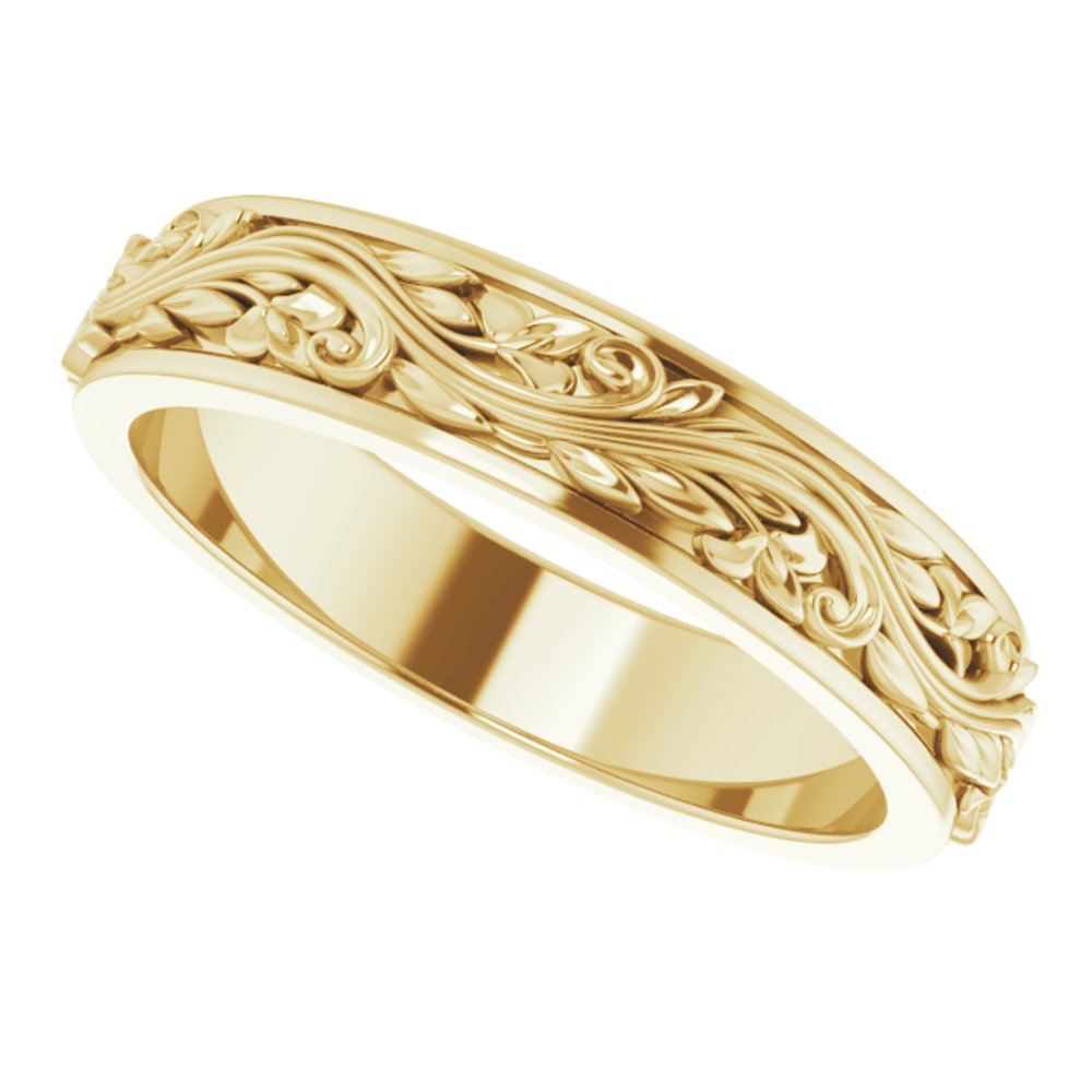 10K Yellow 5 mm Floral Inlay Flat Band Size 10.5