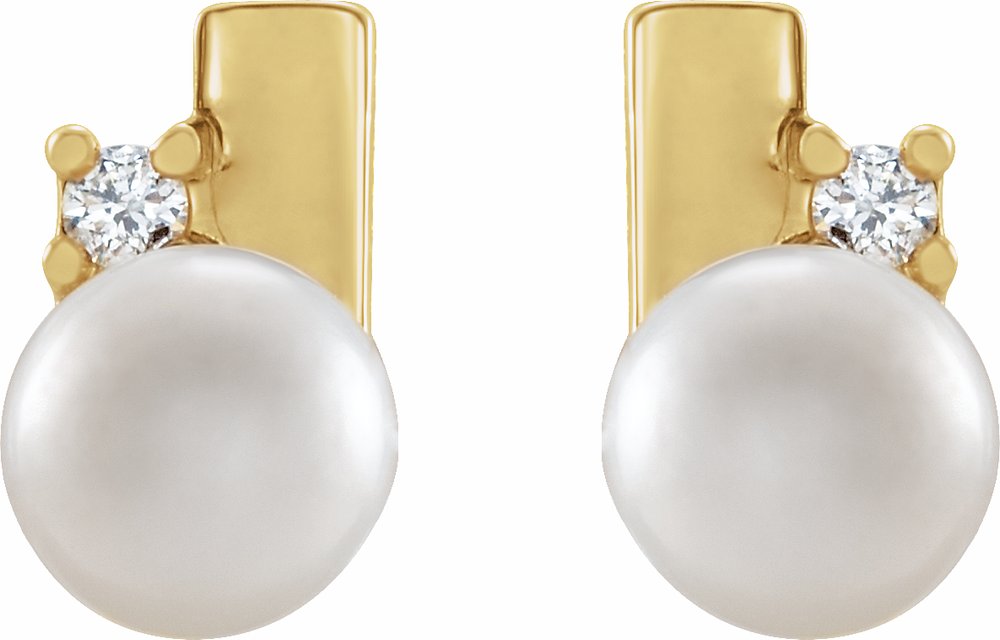 14K Yellow Gold Cultured White Akoya Pearl & .03 CTW Natural Diamond Geometric Earrings