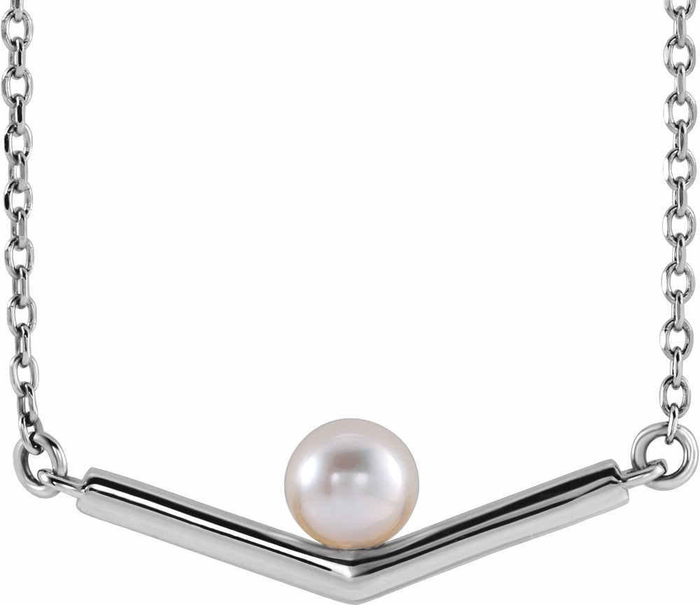Sterling Silver Cultured White Akoya Pearl V 18" Necklace