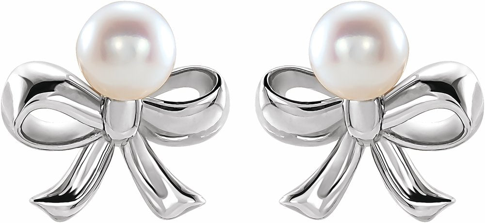Sterling Silver Cultured White Akoya Pearl Bow Earrings