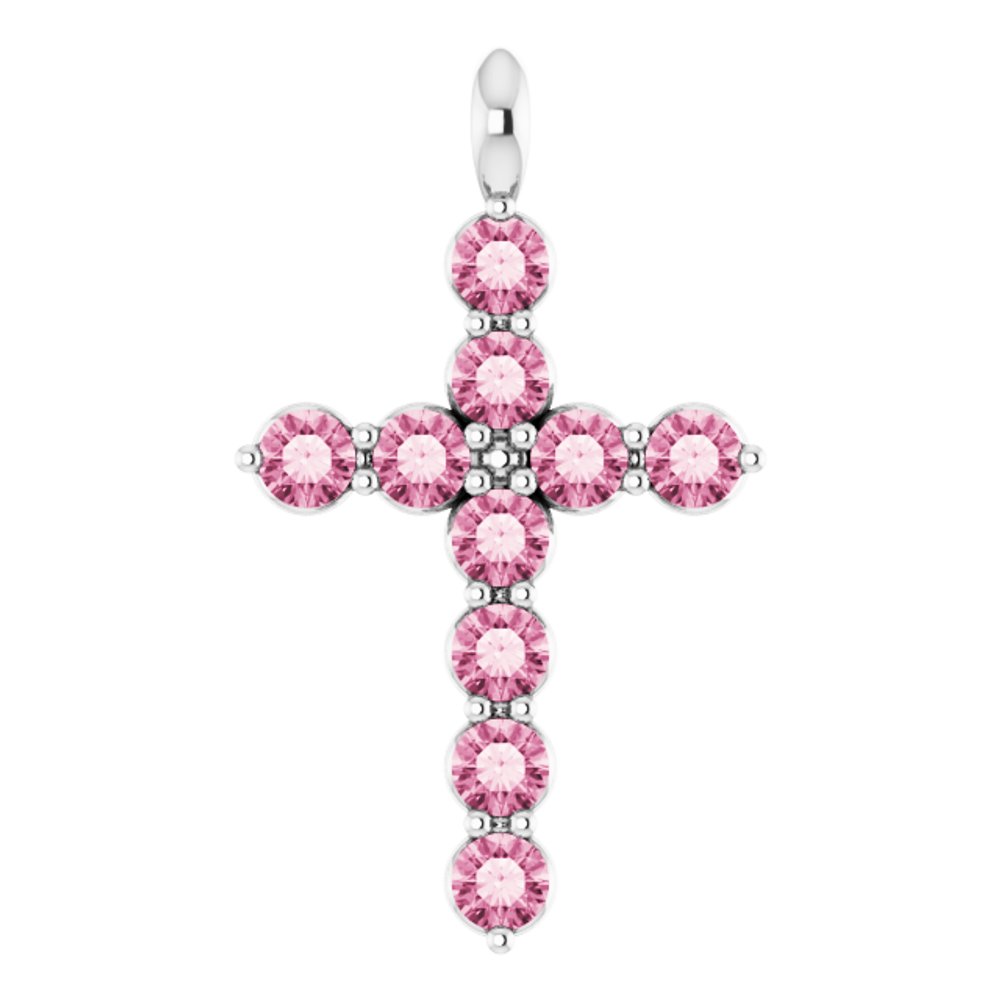 14K White Gold Natural Pink Tourmaline Cross Pendant