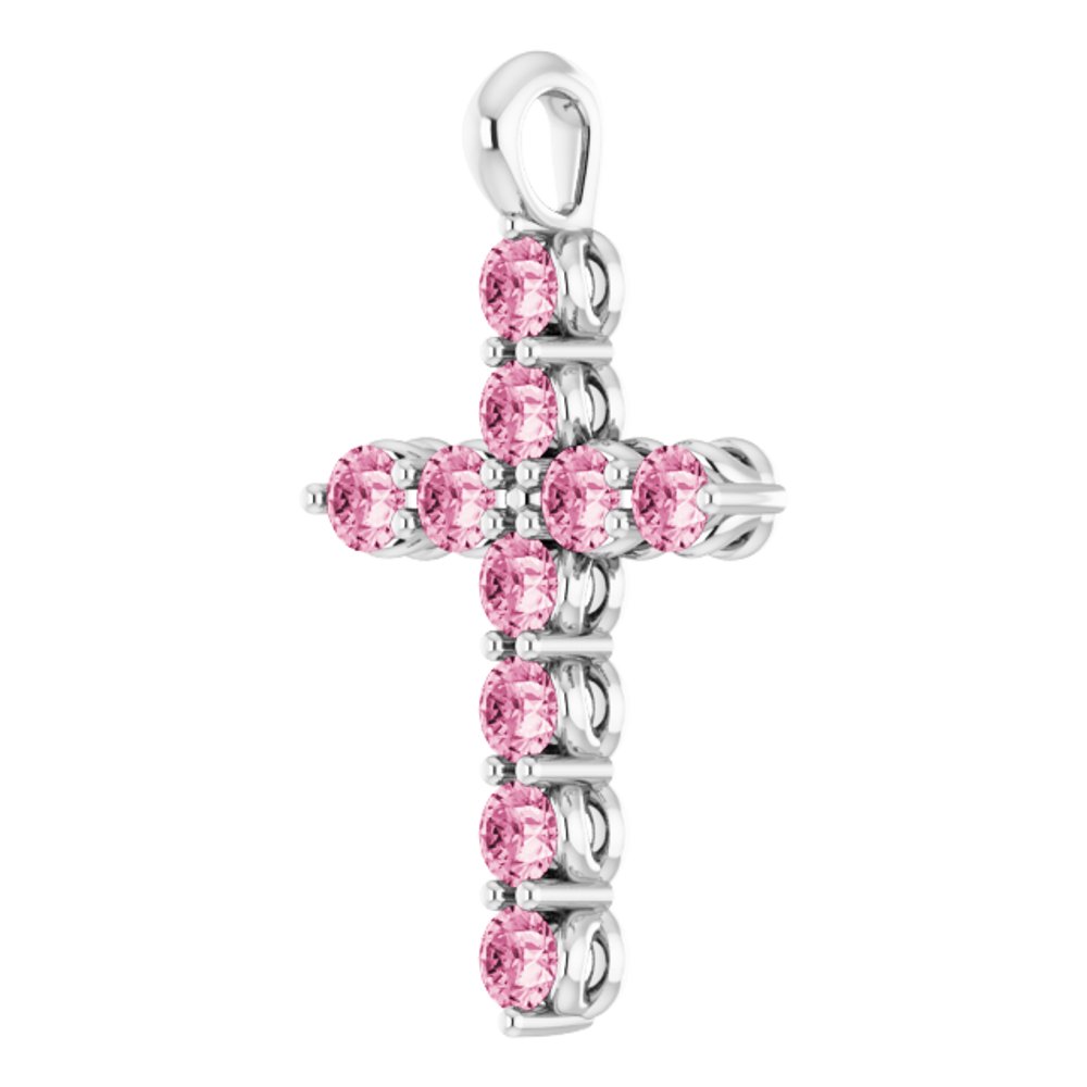14K White Gold Natural Pink Tourmaline Cross Pendant