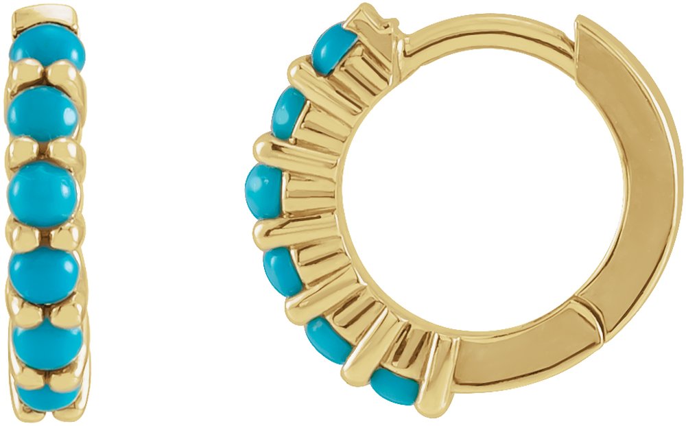 14K Yellow Gold Natural Turquoise Cabochon Hinged 12.2 mm Hoop Earrings
