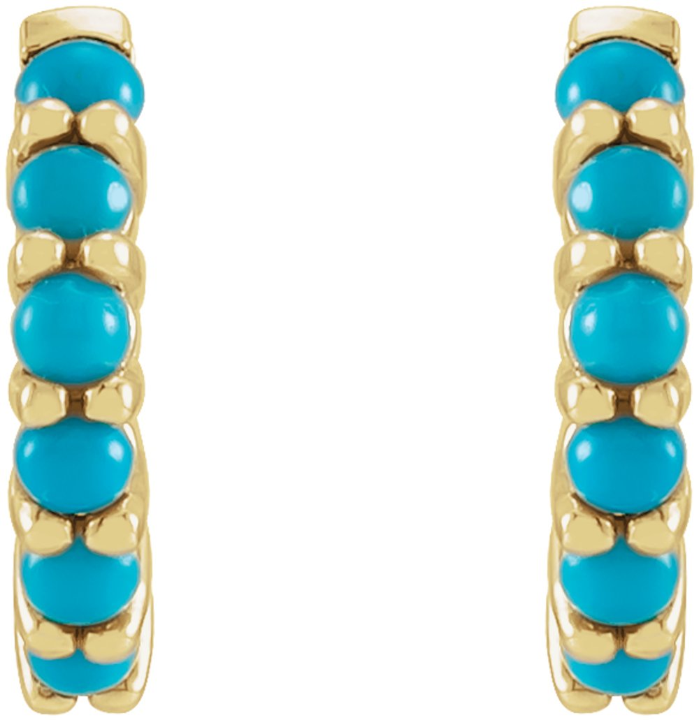 14K Yellow Gold Natural Turquoise Cabochon Hinged 12.2 mm Hoop Earrings
