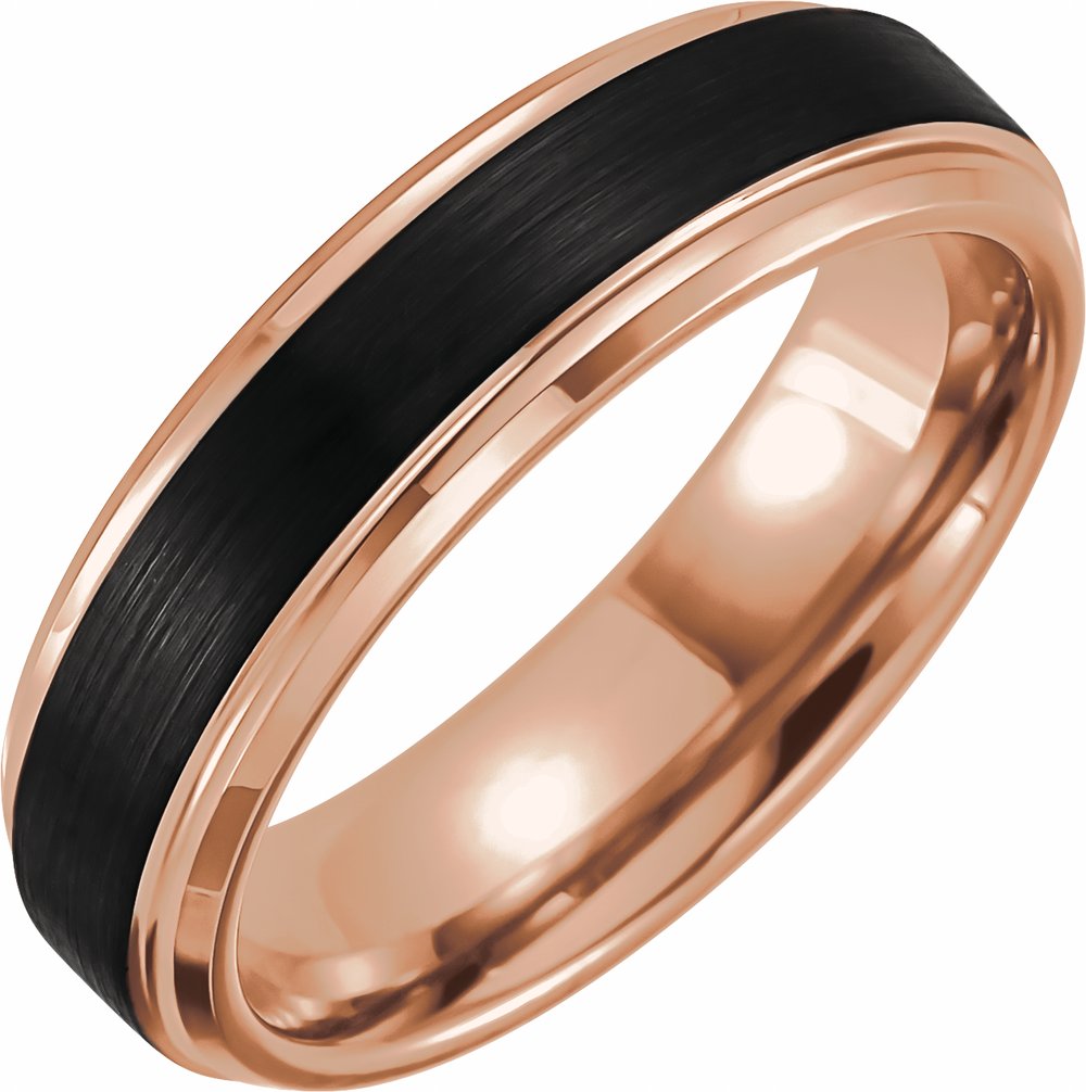 18K Rose Gold PVD & Black PVD Tungsten 6 mm Beveled Stepped-Edge Comfort-Fit Band Size 6.5