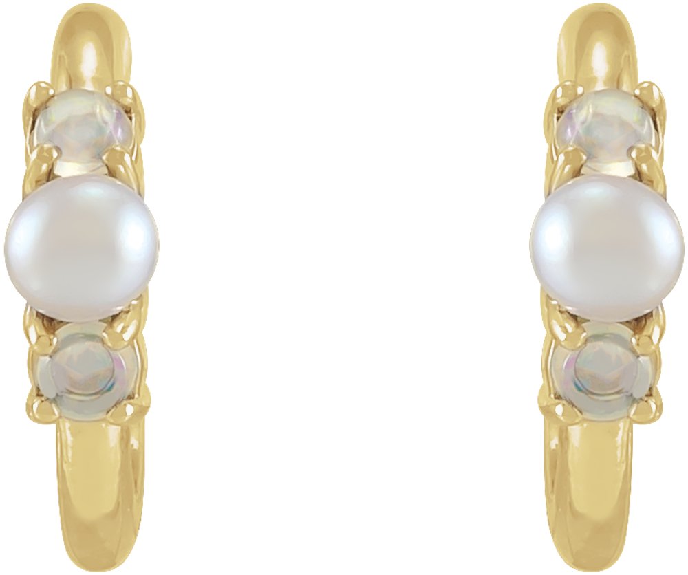 14K Yellow Gold Cultured White Seed Pearl & Natural White Ethiopian Opal Huggie Earrings