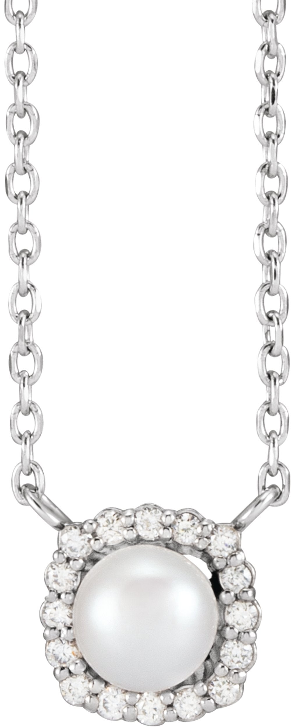 14K White Gold Cultured White Akoya Pearl .06 CTW Natural Diamond Halo-Style 18" Necklace