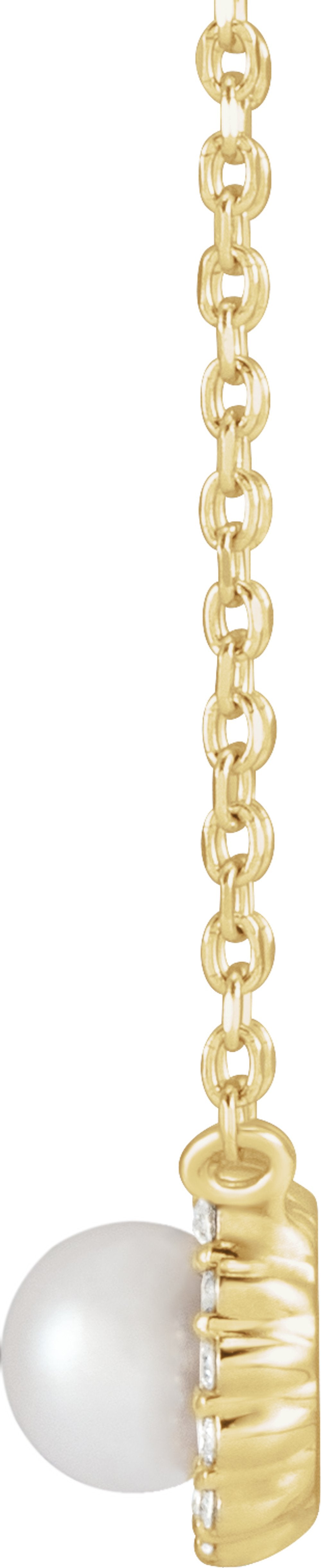 14K Yellow Cultured White Akoya Pearl .06 CTW Natural Diamond Halo-Style 18" Necklace