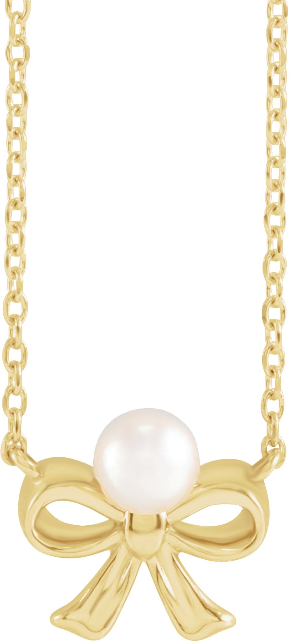 14K Yellow Gold Cultured White Akoya Pearl Bow 18" Necklace