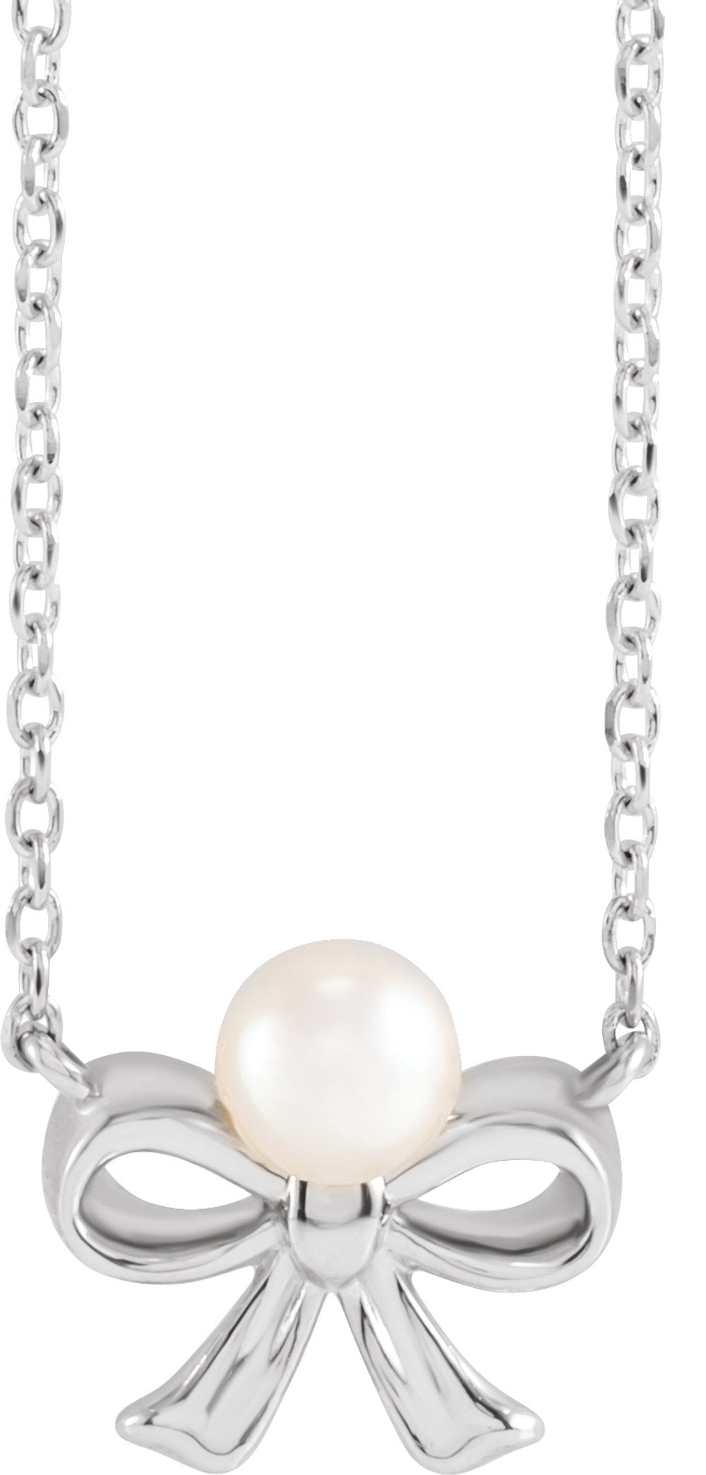 14K White Gold Cultured White Akoya Pearl Bow 18" Necklace