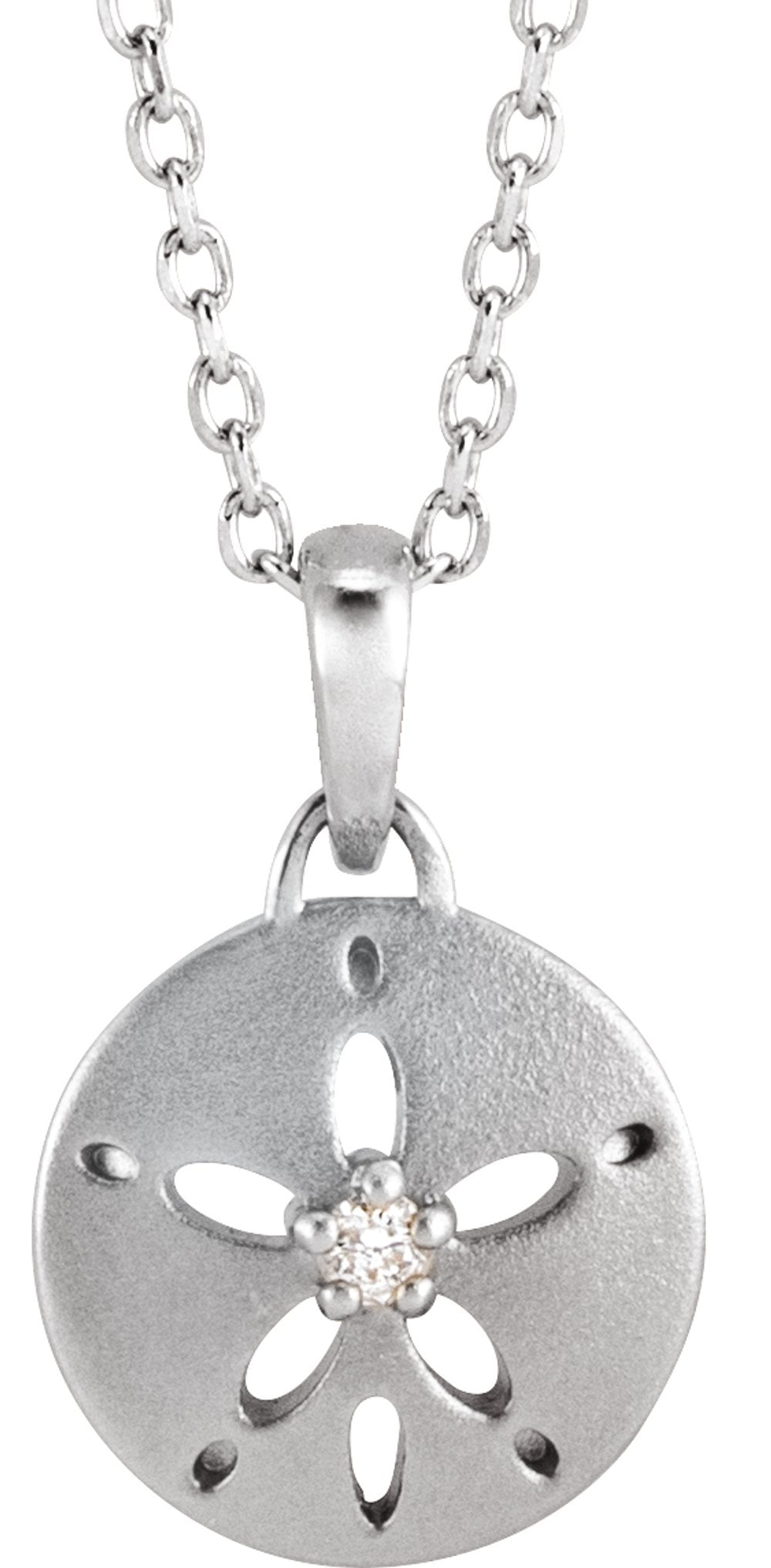 14K White Gold .015 CT Natural Diamond Sand Dollar 16-18" Necklace