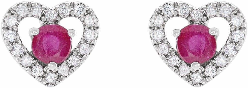 14K White Gold Natural Ruby & 1/10 CTW Natural Diamond Heart Earrings