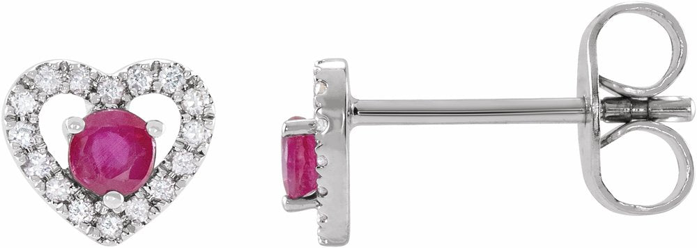 14K White Gold Natural Ruby & 1/10 CTW Natural Diamond Heart Earrings