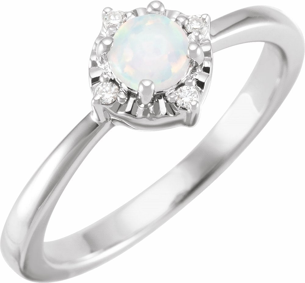 14K White Lab-Grown White Opal & .04 CTW Natural Diamond Halo-Style Ring