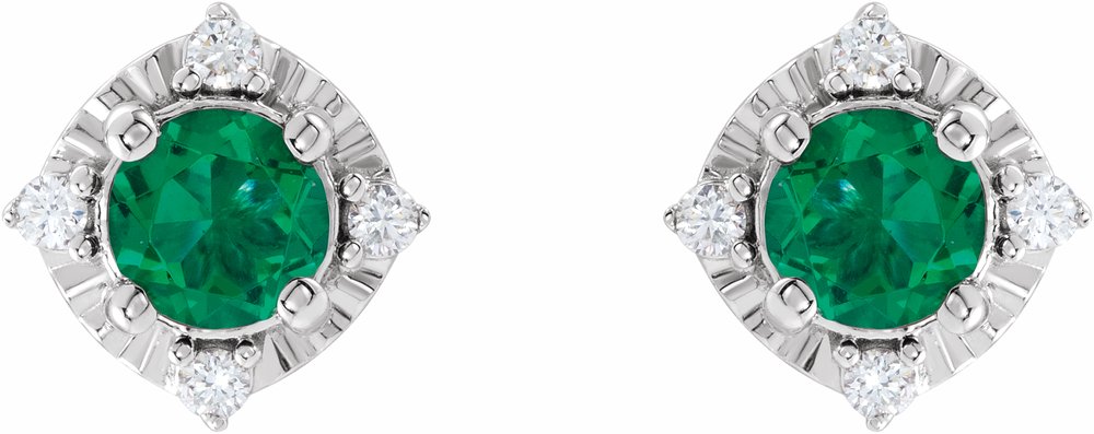 Sterling Silver Lab-Grown Emerald & .08 CTW Natural Diamond Halo-Style Earrings