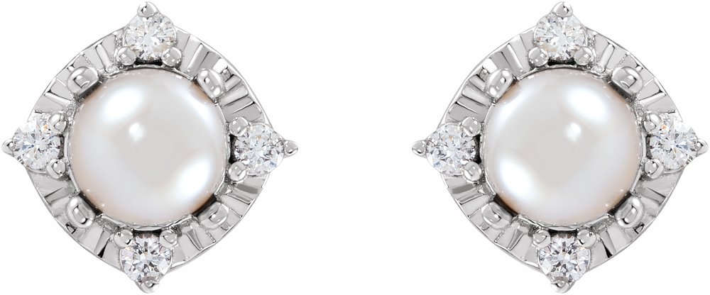 Sterling Silver Cultured White Freshwater Pearl & .08 CTW Natural Diamond Halo-Style Earrings