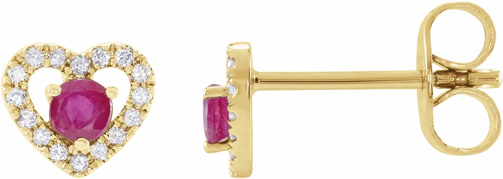 14K Yellow Gold Natural Ruby & 1/10 CTW Natural Diamond Heart Earrings