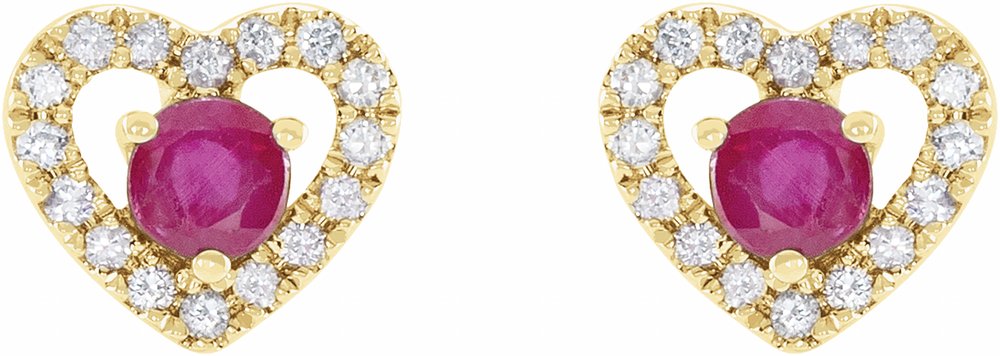 14K Yellow Gold Natural Ruby & 1/10 CTW Natural Diamond Heart Earrings