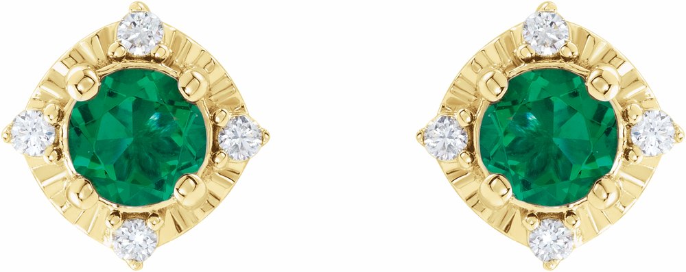 14K Yellow Lab-Grown Emerald & .08 CTW Natural Diamond Halo-Style Earrings